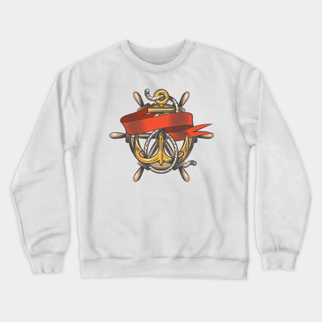 Anchor with ribbon and steering wheel Emblem Crewneck Sweatshirt by devaleta